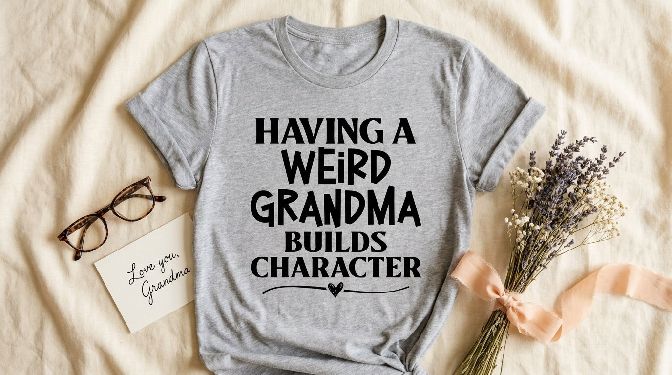 Having A Weird Grandma Builds Character tee flat-laid on cream linen with glasses, notecard, and dried flowers – grandma gift idea from Peachy Sunday