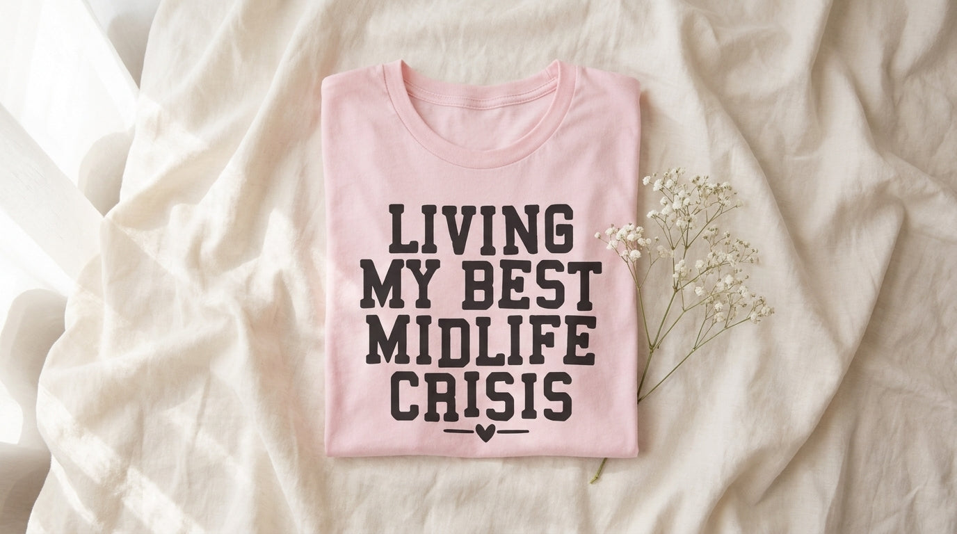 Living My Best Midlife Crisis pink graphic tee flat-laid on rumpled ivory linen with baby's breath – Peachy Sunday Journal UGC hero