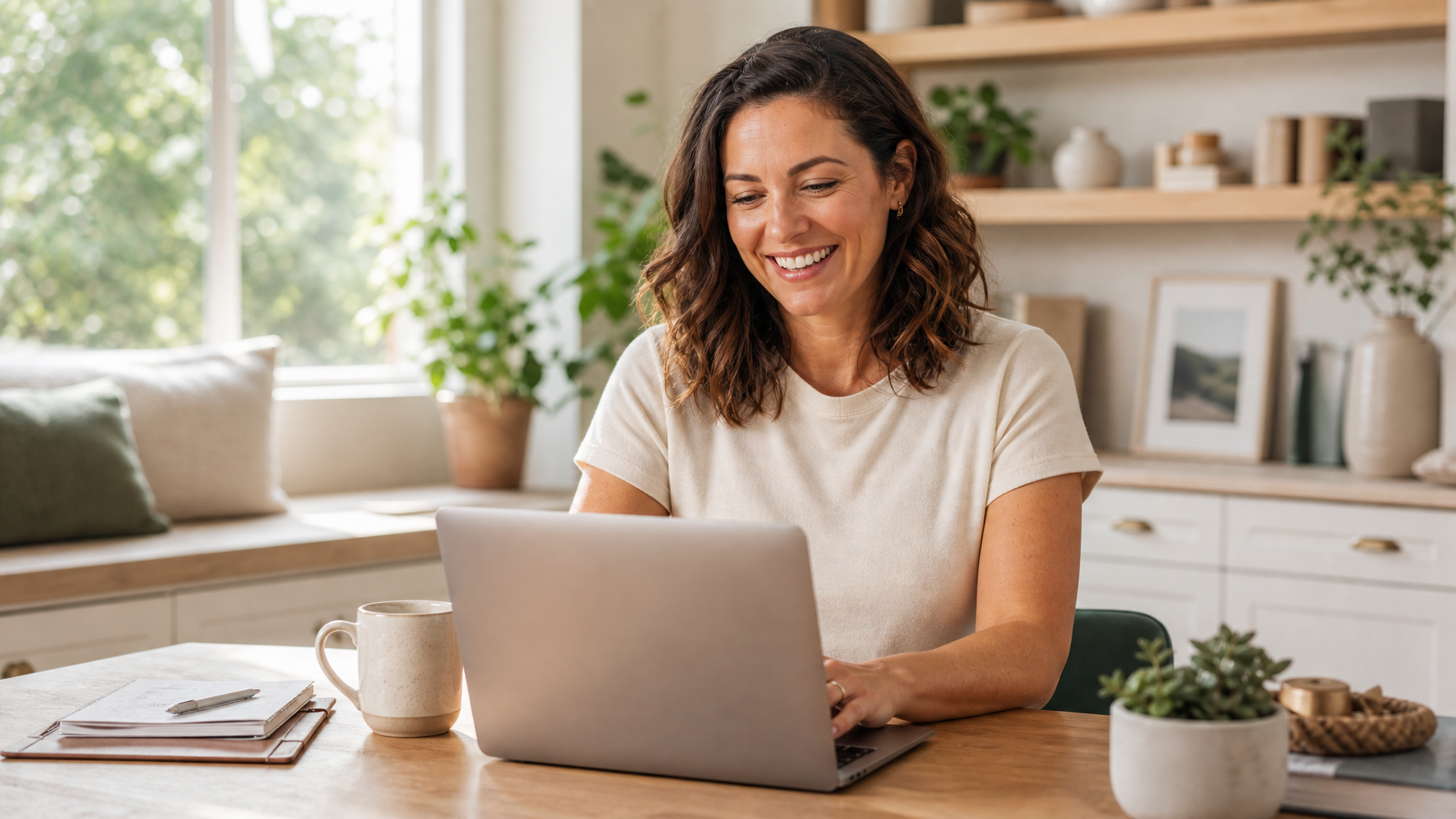 Woman at a sunlit home desk with laptop and coffee, relaxed confidence on a new-job morning