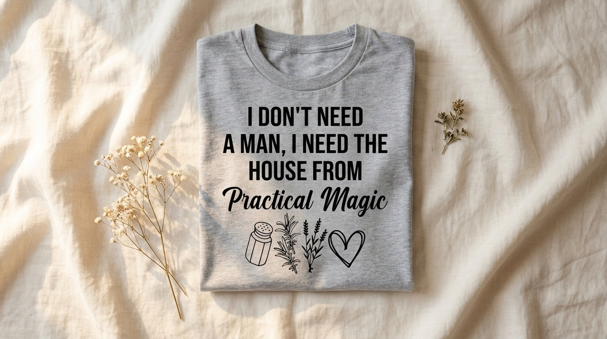 Folded athletic heather I Don't Need A Man I Need The House From Practical Magic tee on rumpled ivory linen with dried baby's breath sprig – Peachy Sunday Journal featured hero