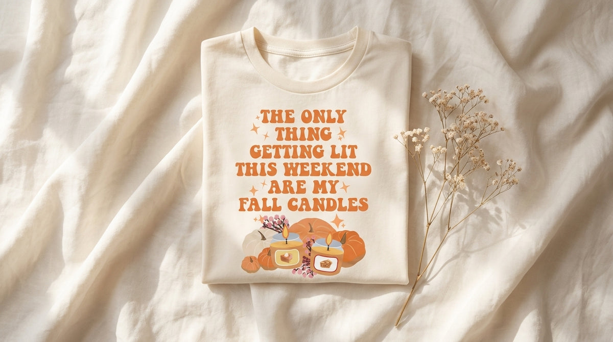 Folded cream The Only Thing Getting Lit This Weekend Are My Fall Candles graphic tee on rumpled ivory linen with baby's breath sprig and window light – Peachy Sunday late autumn candle season guide