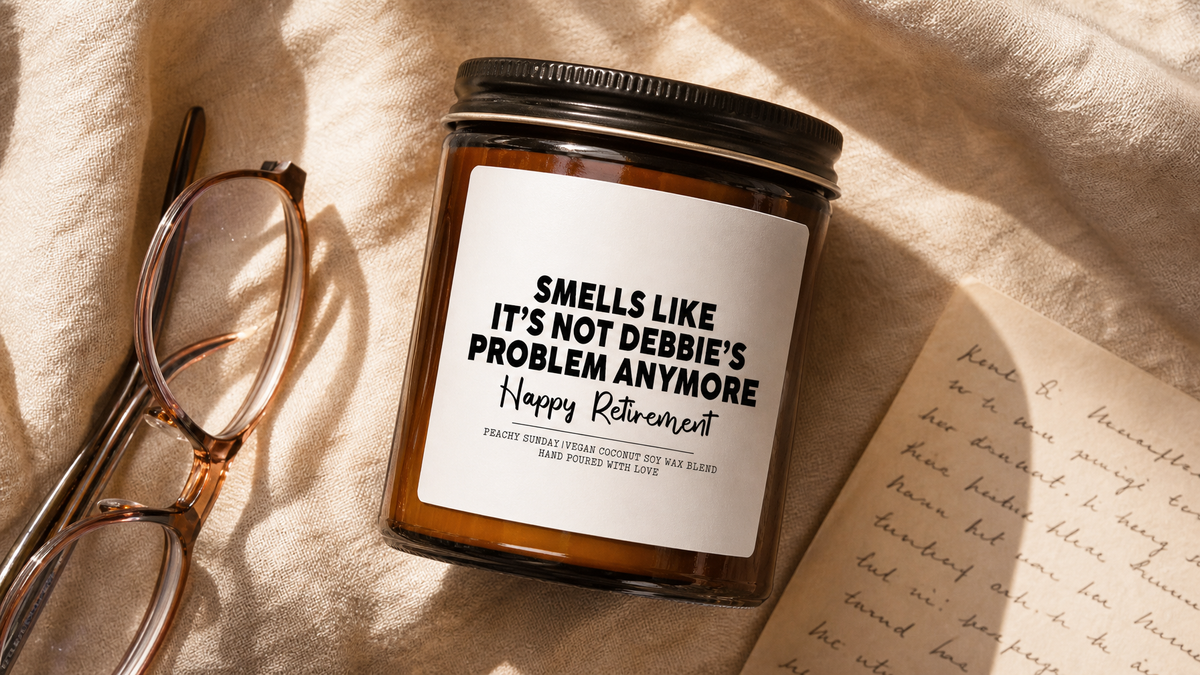Personalized retirement gift candle with reading glasses and a handwritten notecard on warm cream linen, UGC flat lay