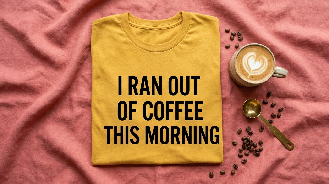 I Ran Out Of Coffee This Morning mustard tee UGC flat lay on rose blush linen with coffee and brass scoop – Peachy Sunday coffee lover gifts