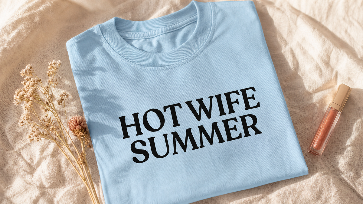 Chambray Hot Wife Summer graphic tee with dried wildflowers on cream linen, UGC flat lay