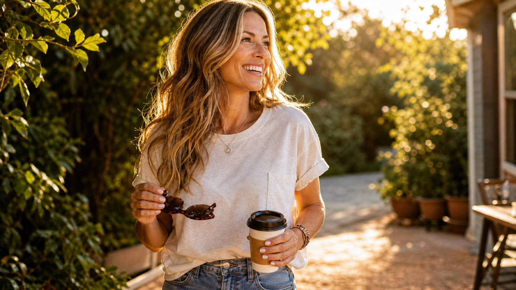 Woman in a casual t-shirt laughing in warm golden afternoon sunlight outdoors