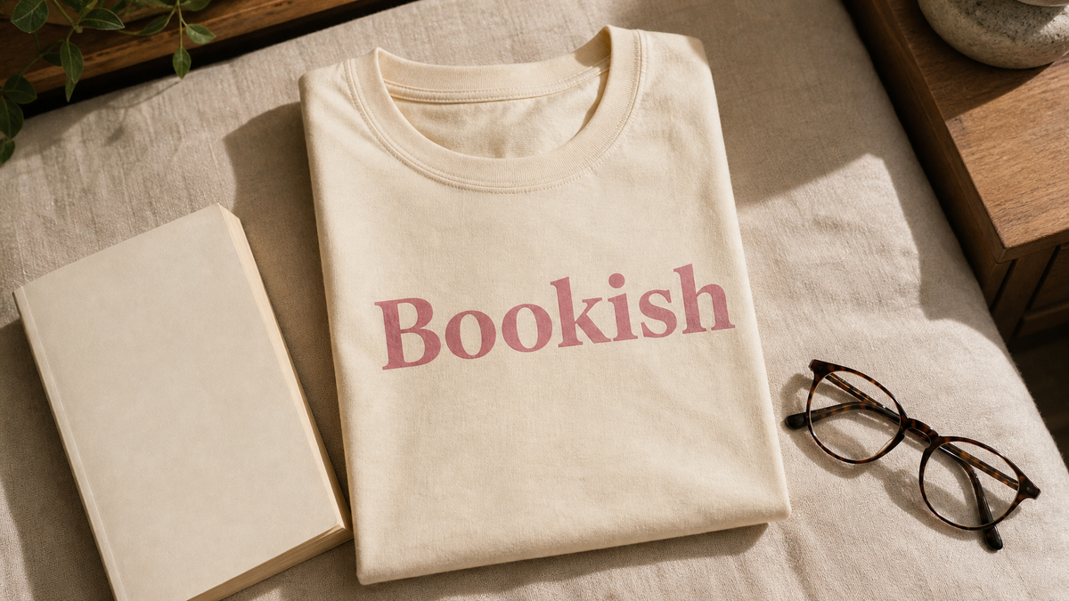 Soft cream Bookish graphic tee with a blank paperback book and reading glasses on warm cream linen, UGC flat lay