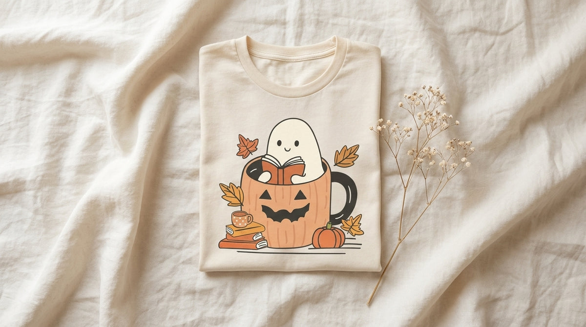 Cute Bookish Ghost In A Pumpkin Cup Tee folded on rumpled ivory linen with baby's breath sprig – Peachy Sunday Journal featured hero