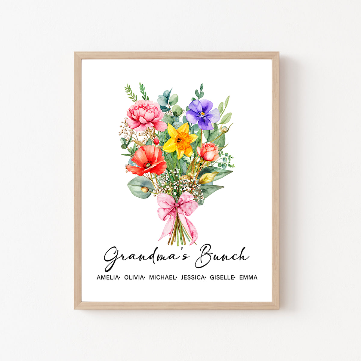 Affiche murale personnalisée de fleurs de naissance de la famille en bouquet