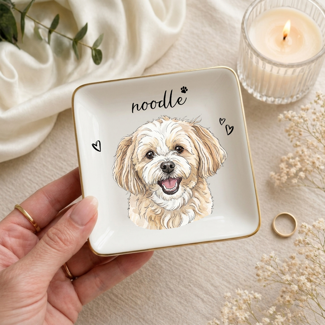 Plato Anillero Personalizado de Acuarela con Retrato de Perro