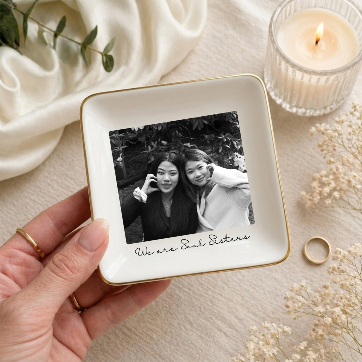 Soul Sister custom photo square ceramic jewelry trinket dish