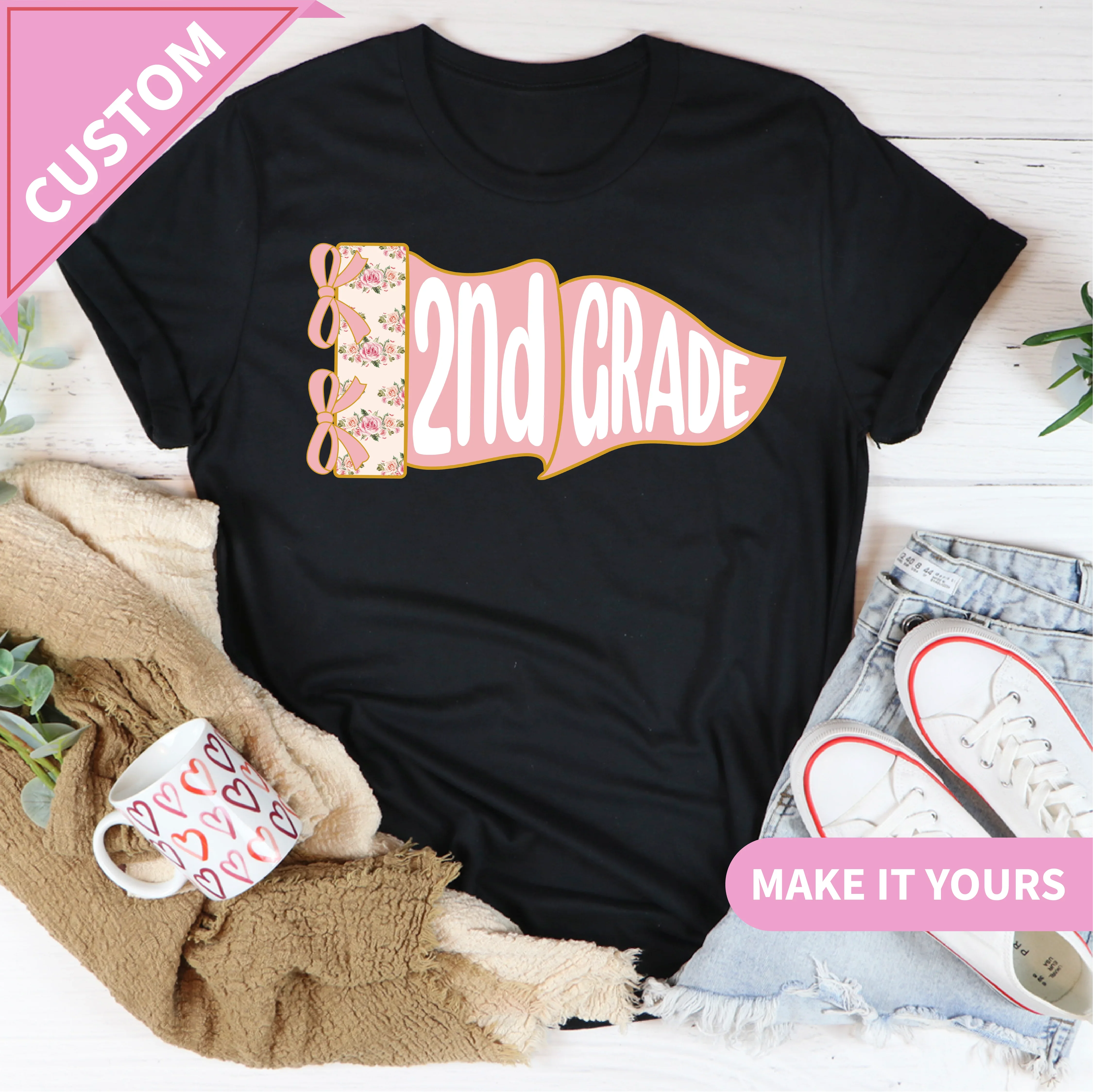 2nd Grade Teacher Cute Floral Pennant For Women Educators Custom Grade Level Back to School Tee Printify T-Shirt T-Shirt