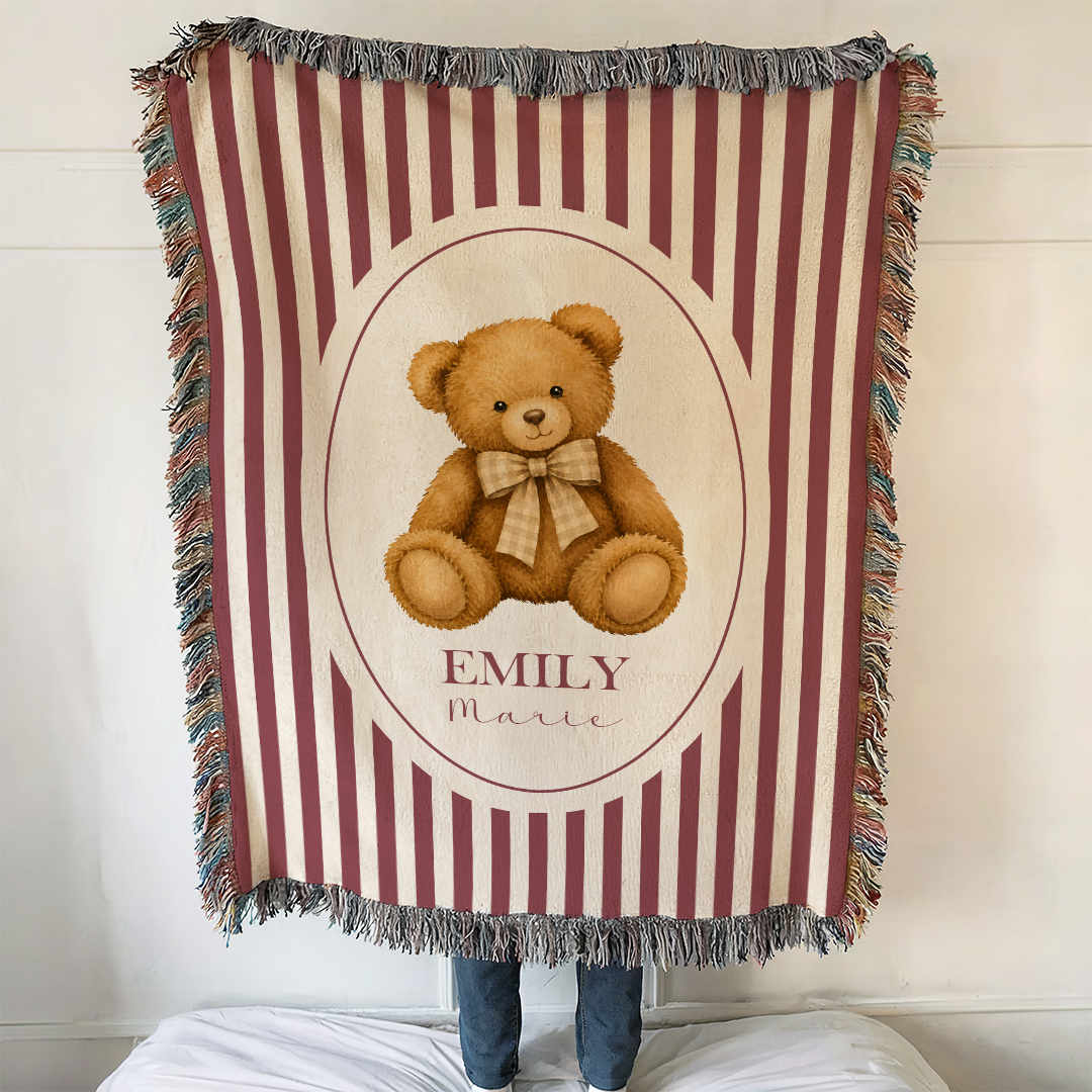 Personalized Teddy Bear Baby Name Woven Blanket