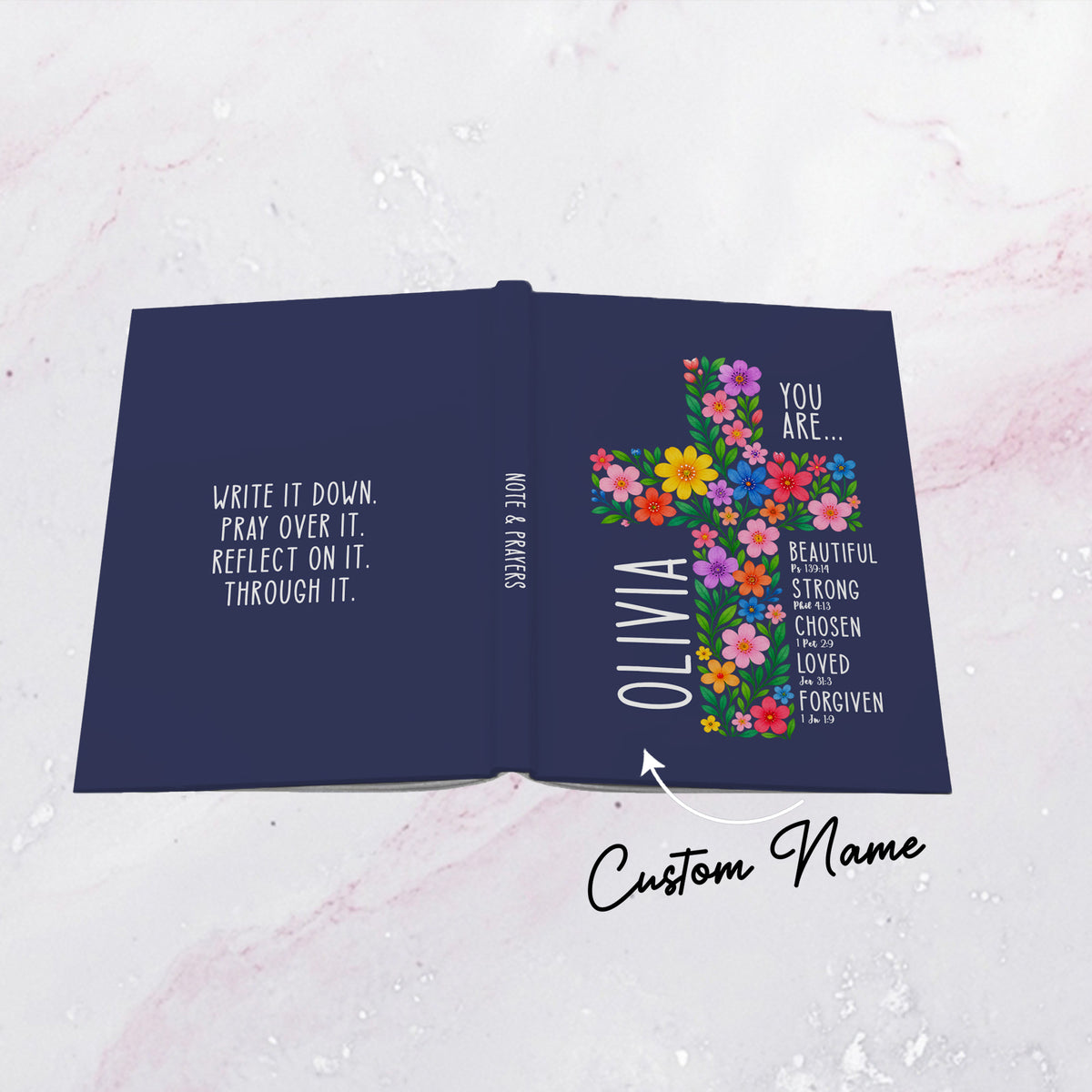 Personalisiertes christliches Gebetstagebuch mit Blumen und Kreuz