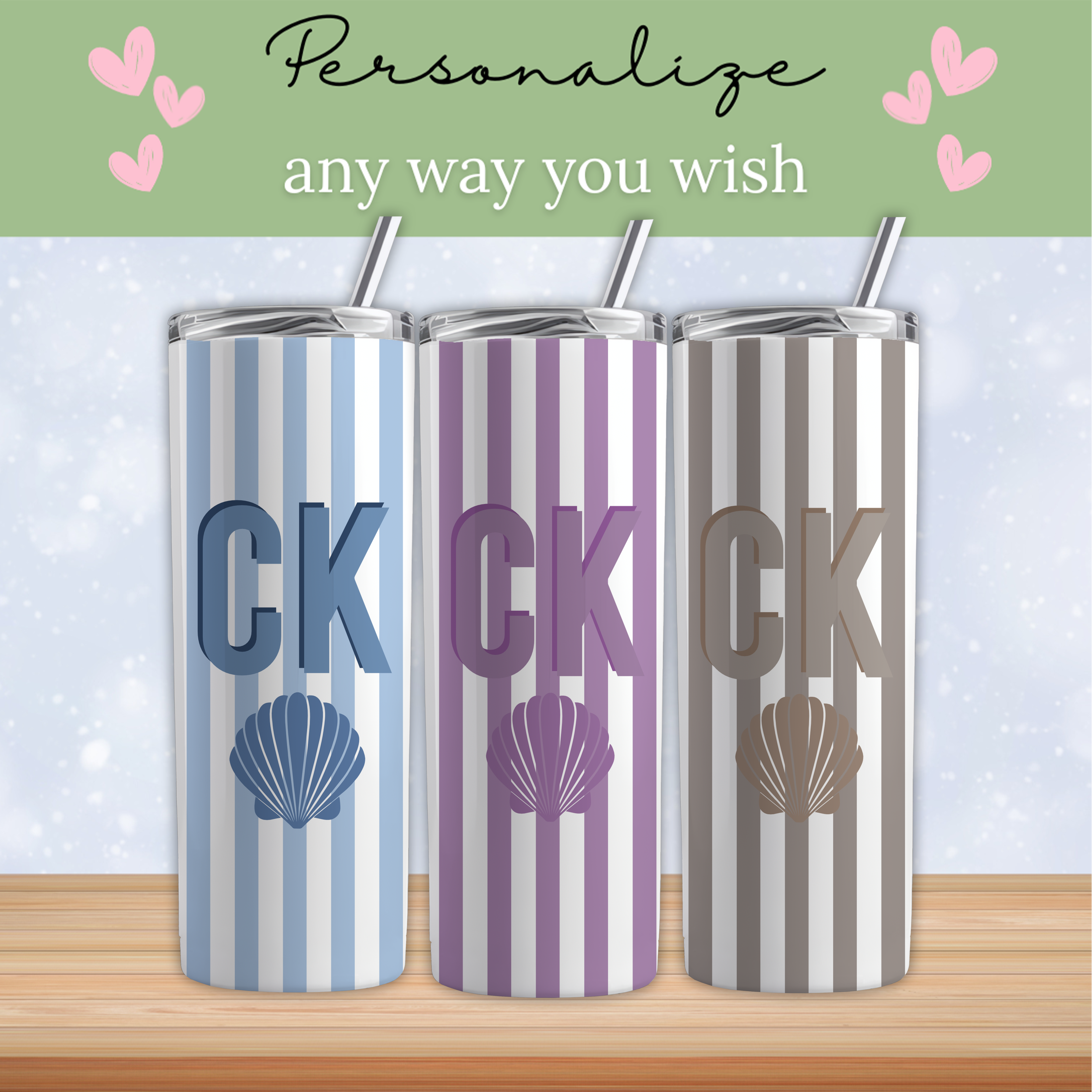 Personalized Striped Beach Girls Tumbler