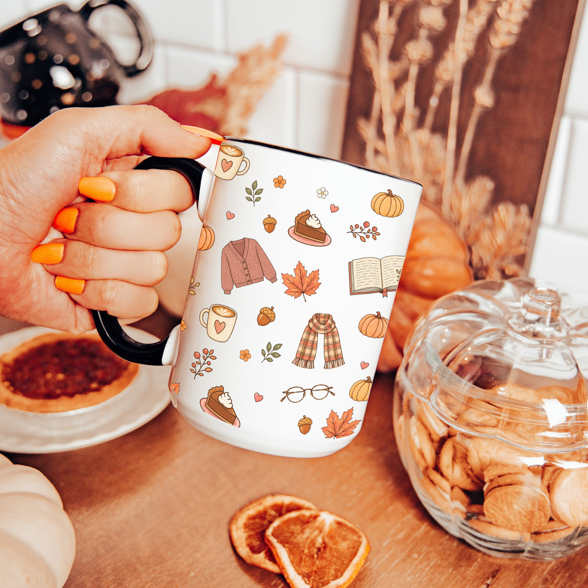 Cozy Autumn ditsy pattern coffee cup in black trim
