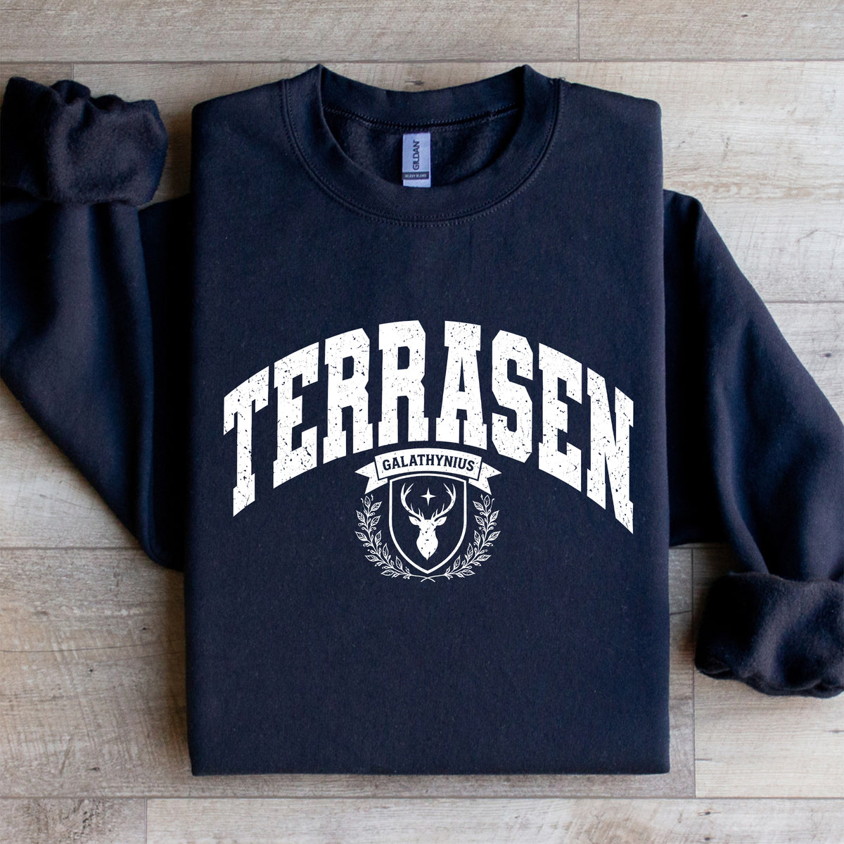 Terrasen Galathynius stag crest bookish fantasy crewneck sweatshirt in black