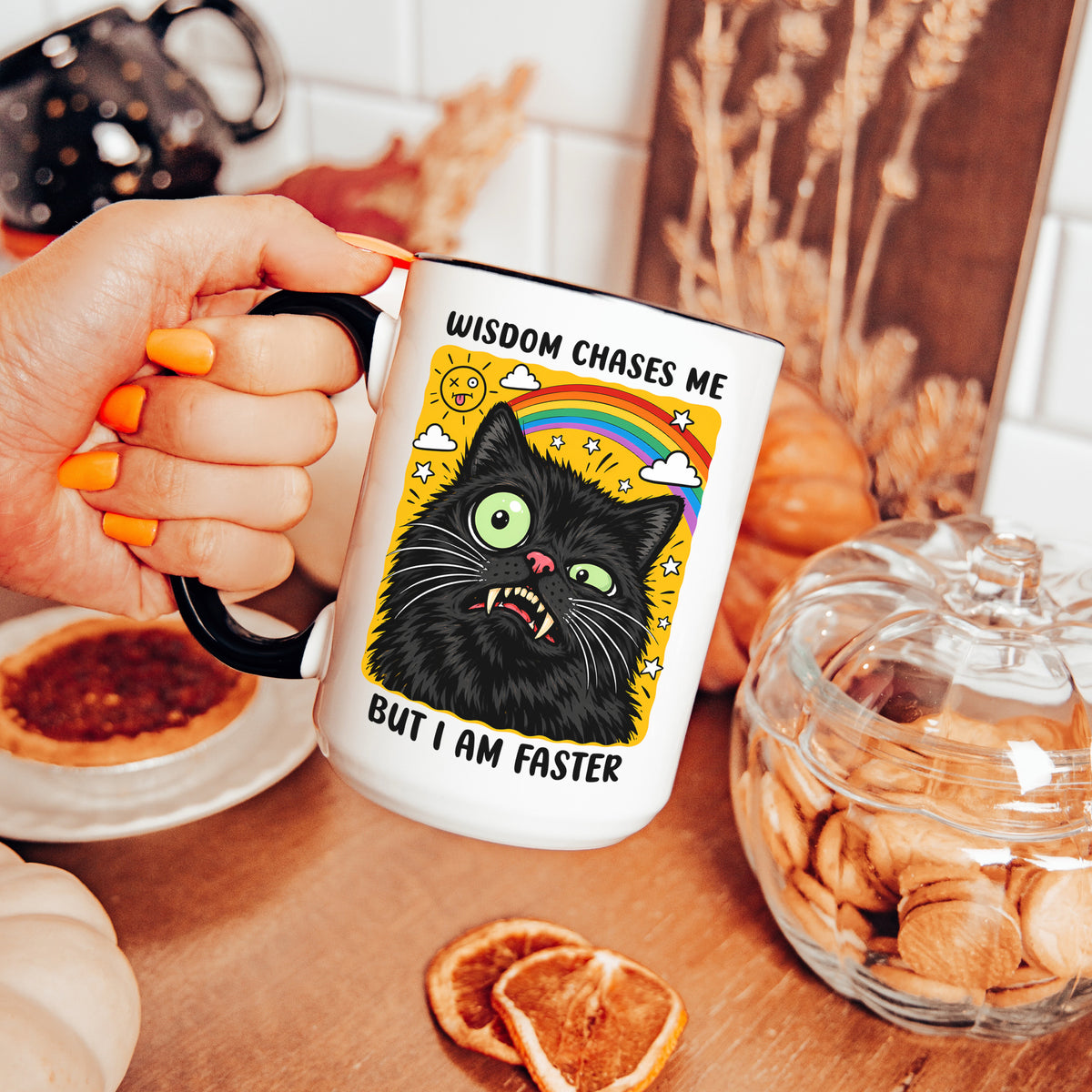 Tasse „Die Weisheit jagt mich, aber ich bin schneller“