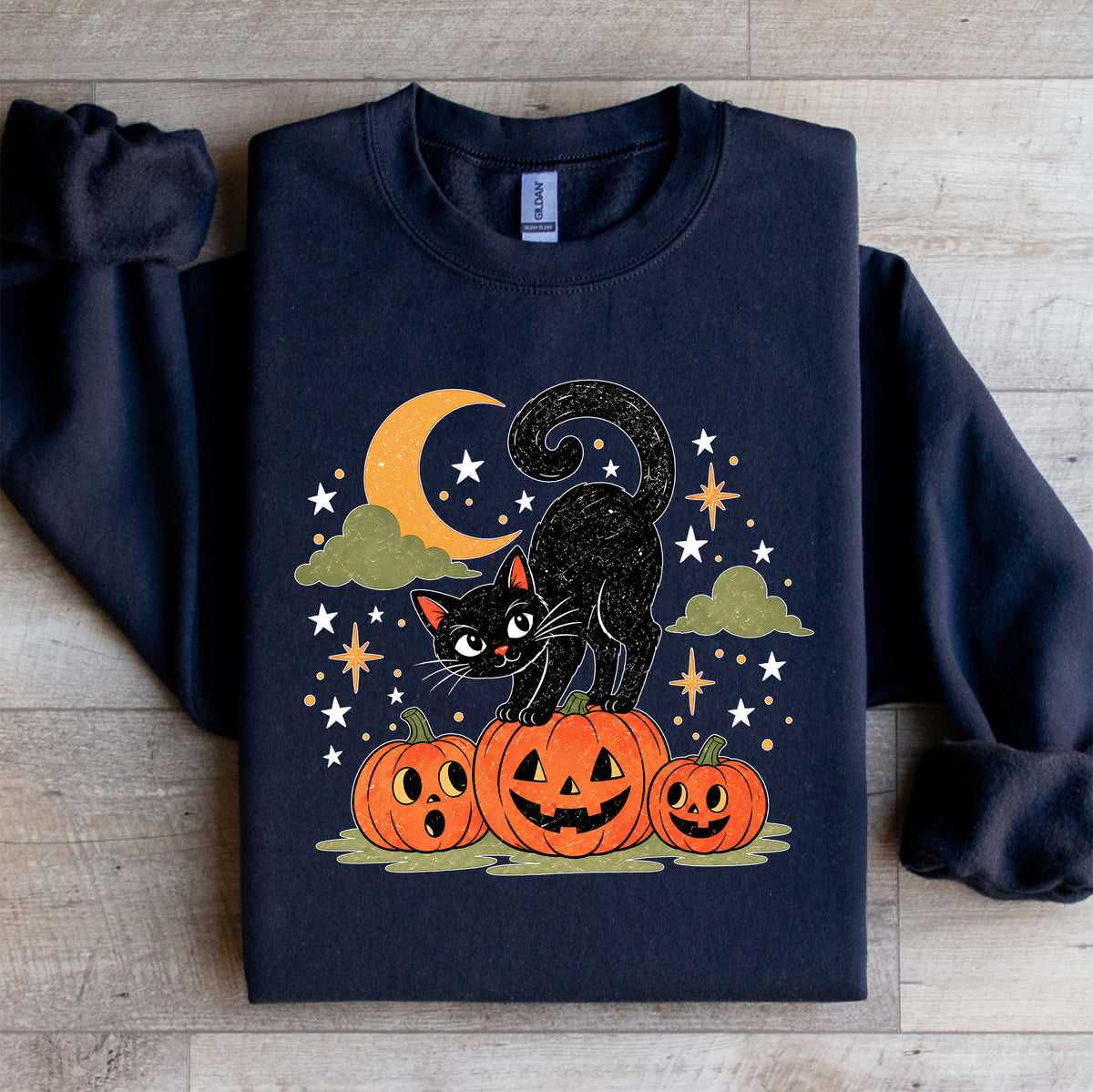 Spooky Season Black Cat on Pumpkins Fleece Pullover Sweatshirt