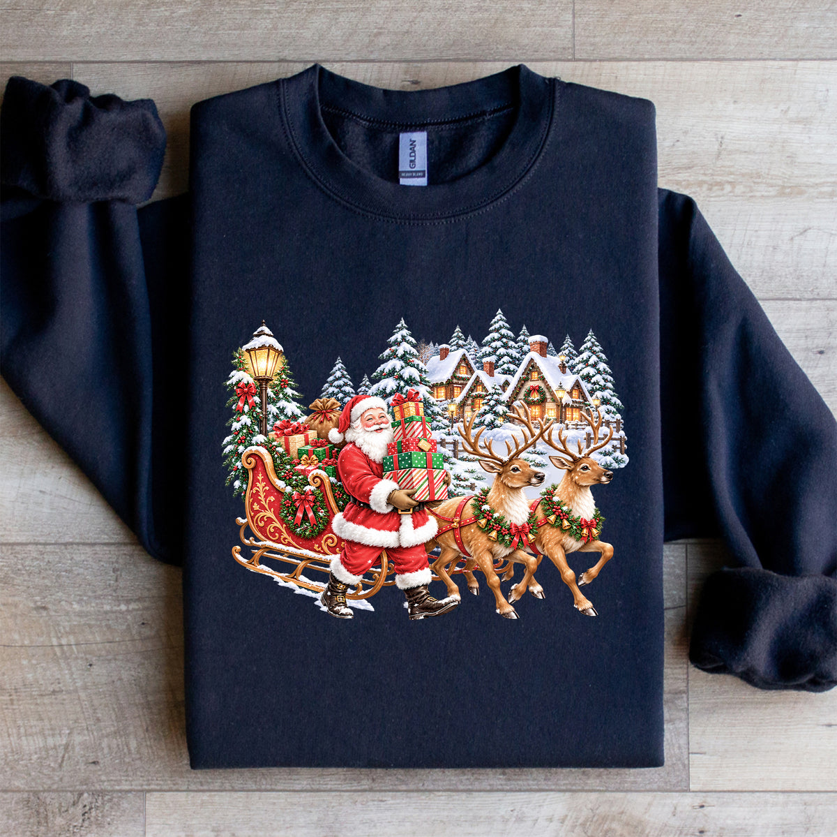 Vintage-Sweatshirt mit Weihnachtsmann und Rentieren