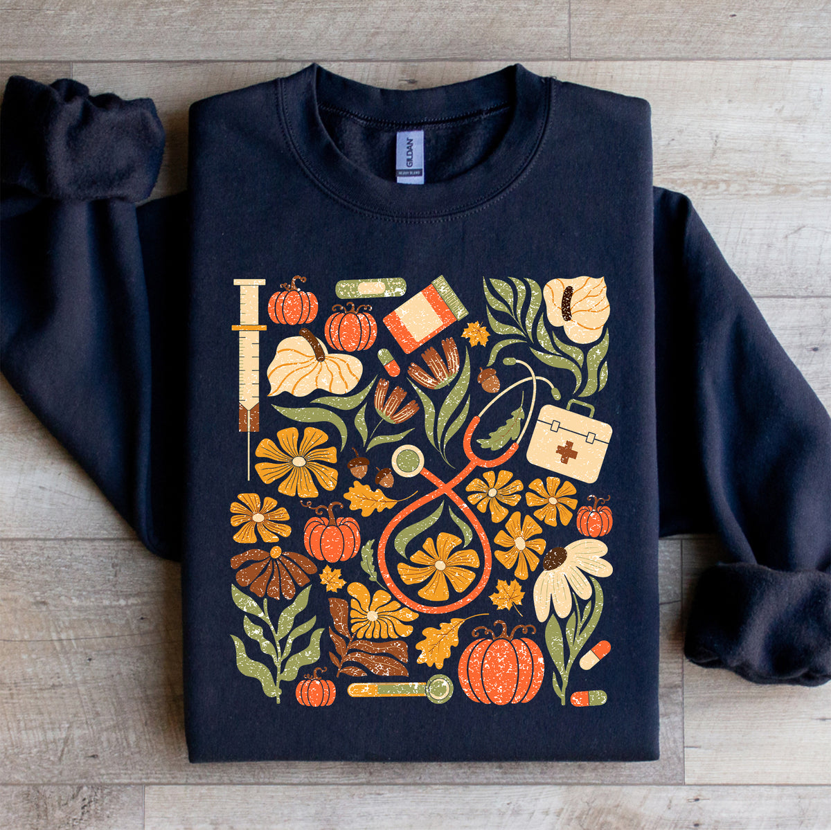 Fall Nurse Sweatshirt Black Autumn Healthcare Stethoscope Fleece Pullover