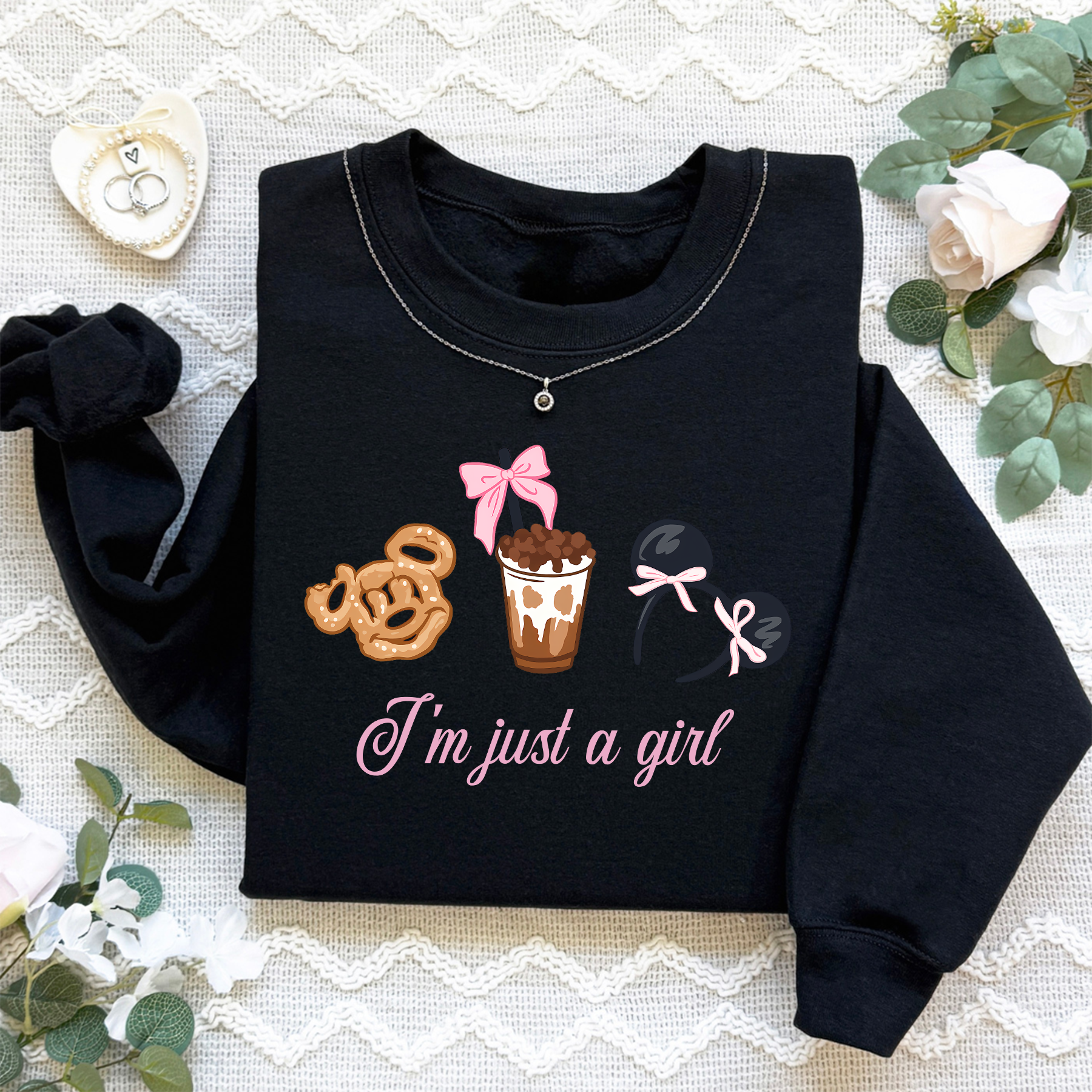 I'm Just a Girl Disney Cake Bow Coffee Girly Sweatshirt