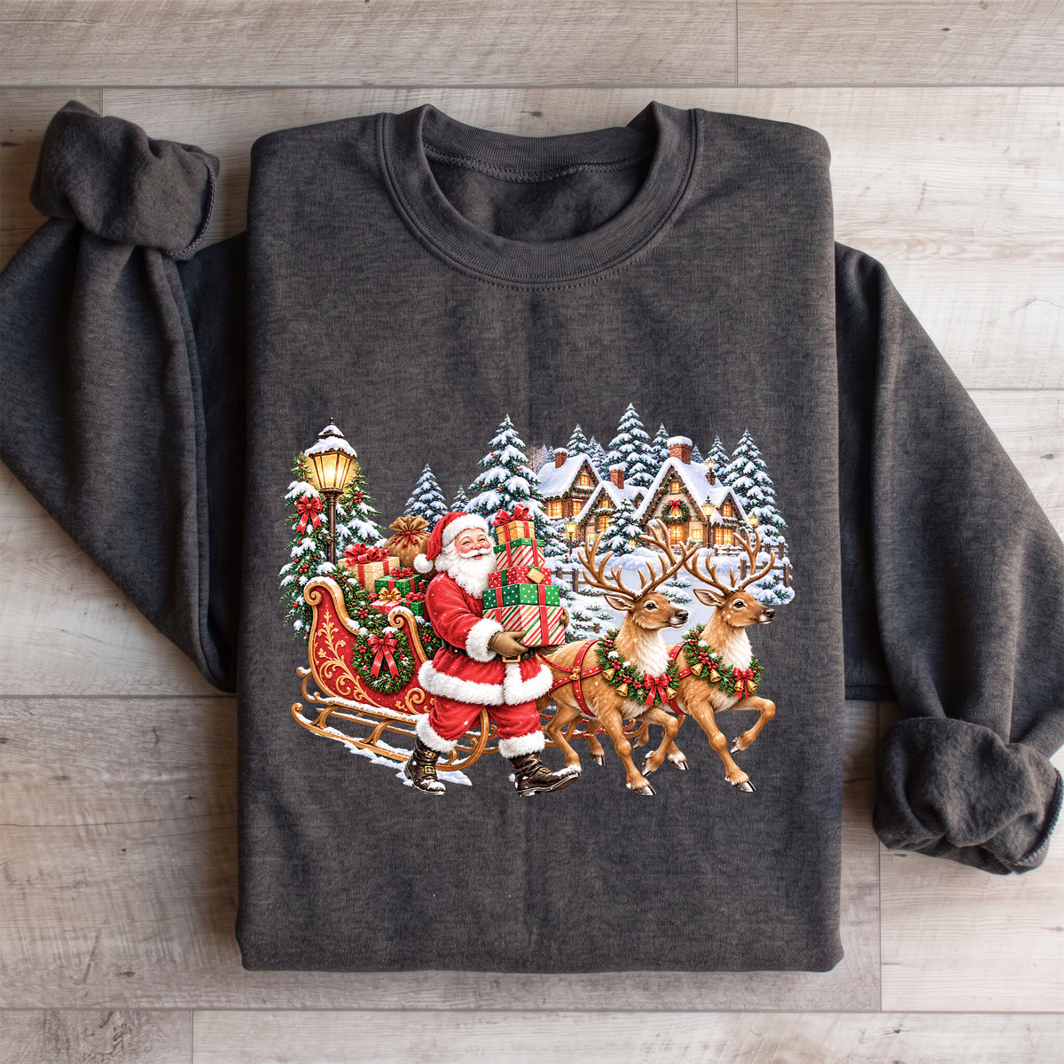 Vintage-Sweatshirt mit Weihnachtsmann und Rentieren