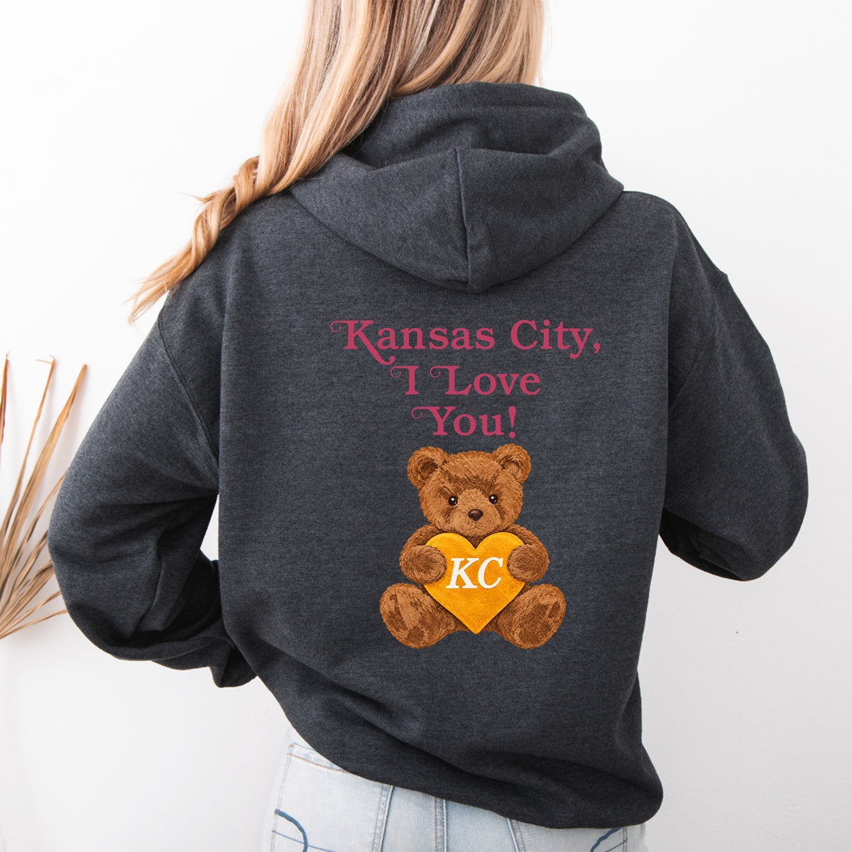 Dark Heather Gray Kansas City I Love You graphic pullover hoodie with teddy bear heart art