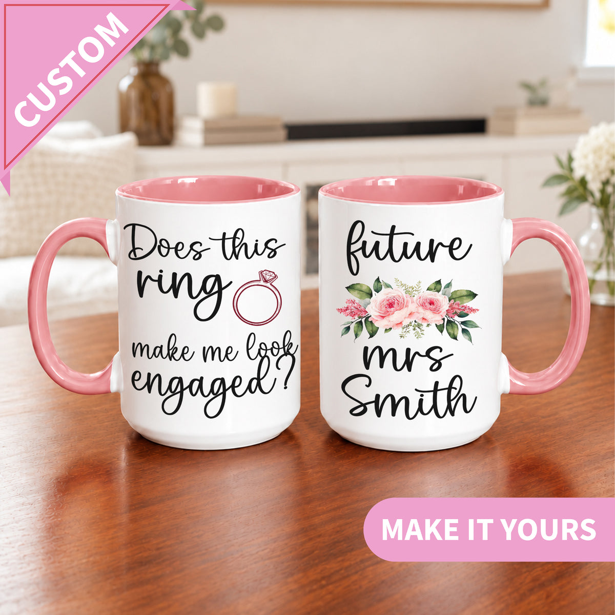 Personalisierte Tasse mit dem Aufdruck „Lässt mich dieser Ring verlobt aussehen?“