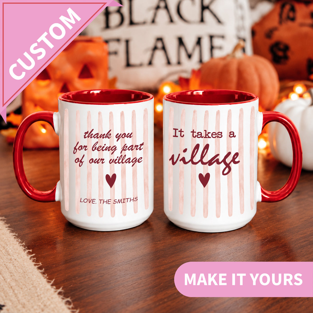 Personalisierbare Tasse mit dem Spruch „Es braucht ein ganzes Dorf“