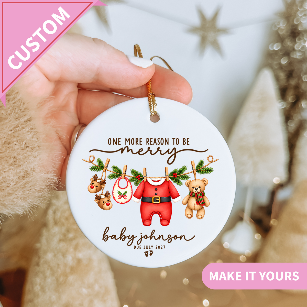 Personalized One More Reason to be Merry Pregnancy Announcement Ceramic Ornament front display