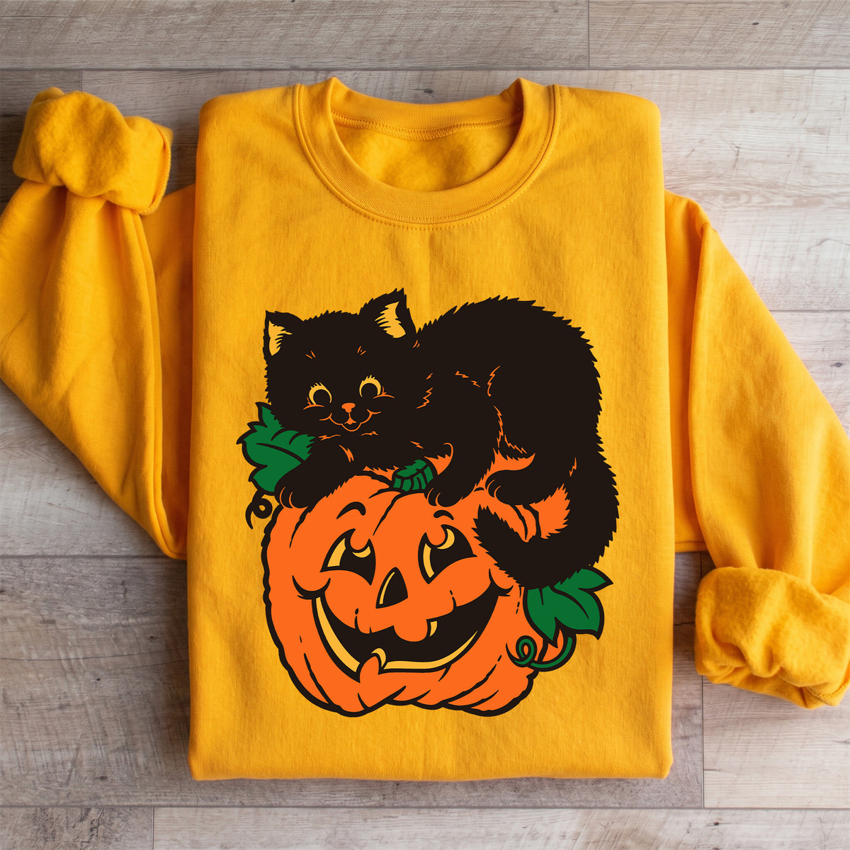 Vintage-Schwarzer-Kater-Kürbis-Sweatshirt
