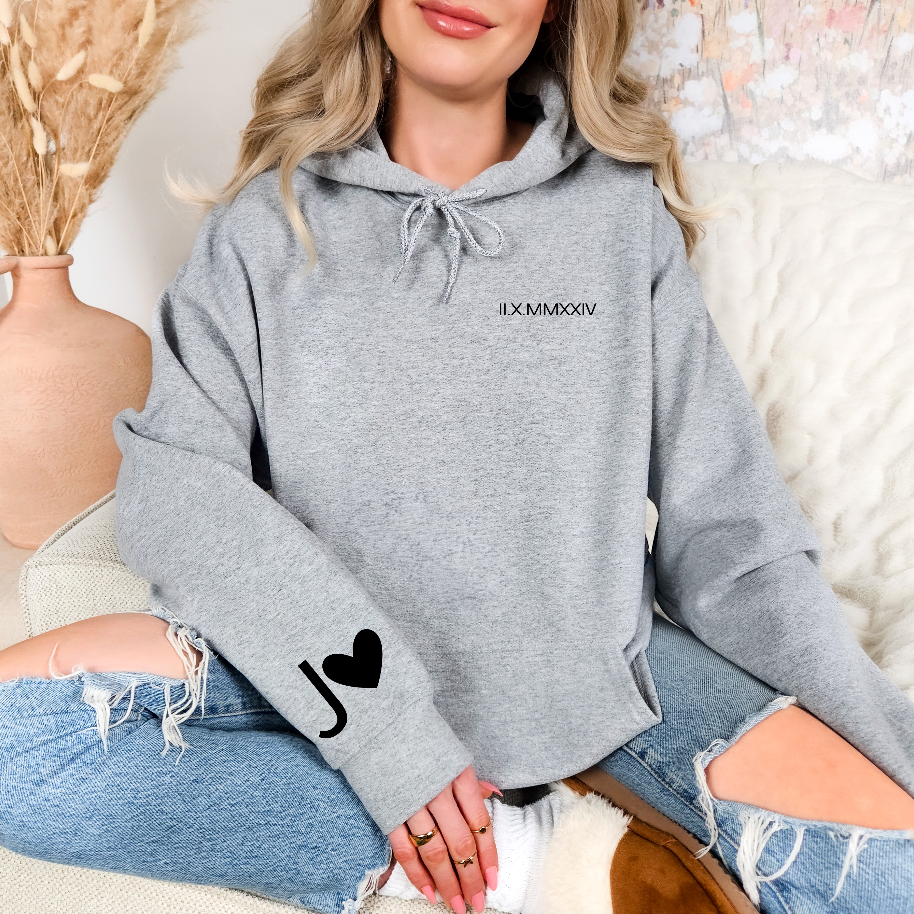 Personalized Embroidered Couples Roman Numeral Hoodie