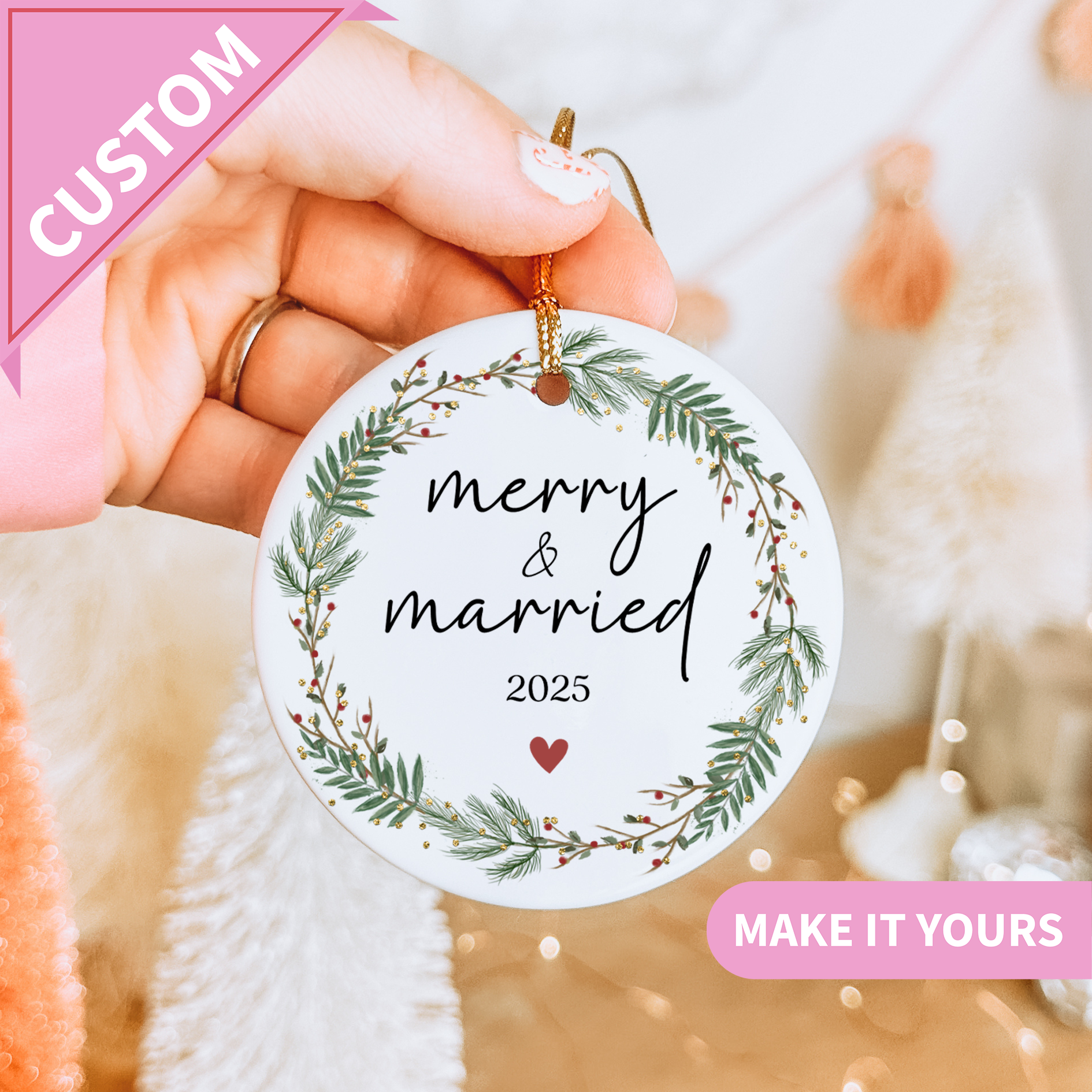Personalized Merry & Married Wedding Ornament