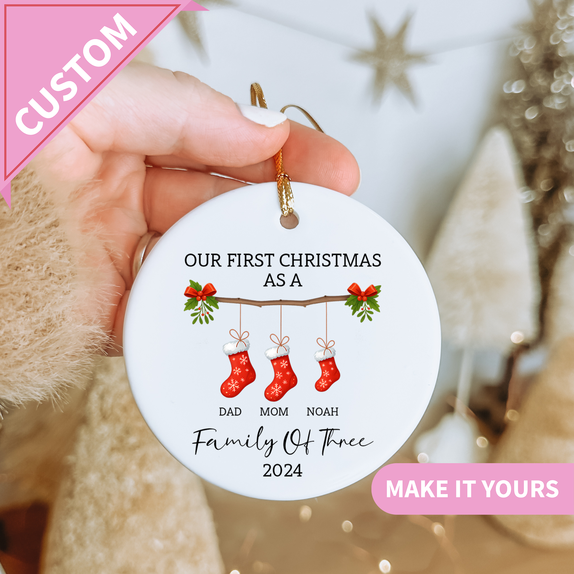 Personalized Family Of Three Christmas Ornament