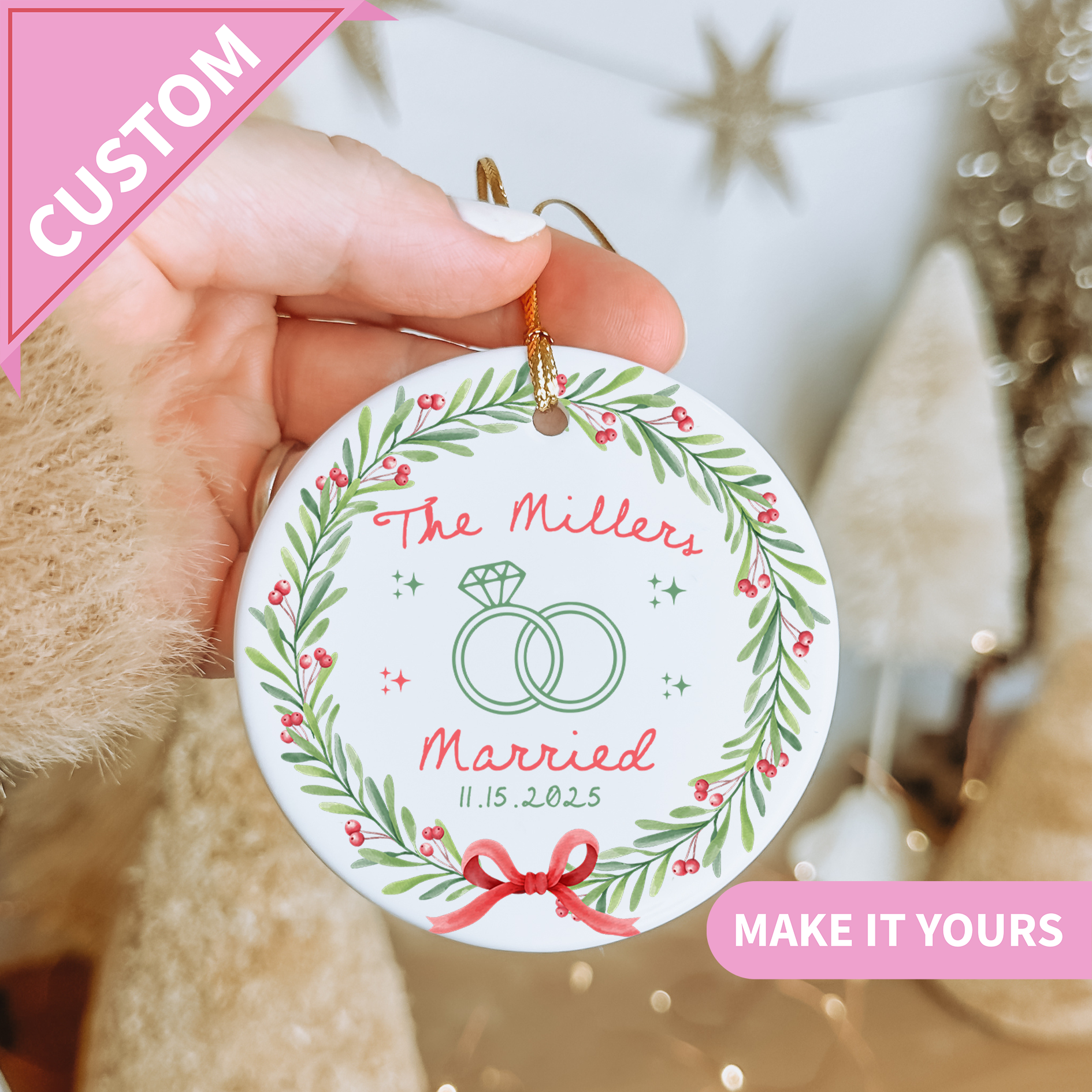 Personalized Wedding Ring Holiday Ornament