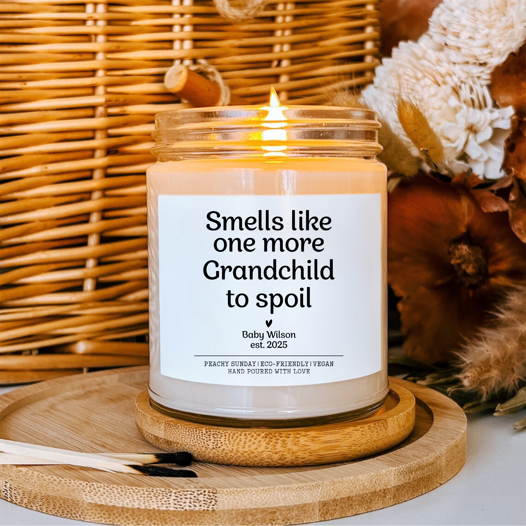 Personalized Smells Like Grandchild To Spoil candle label – Peachy Sunday grandparent reveal