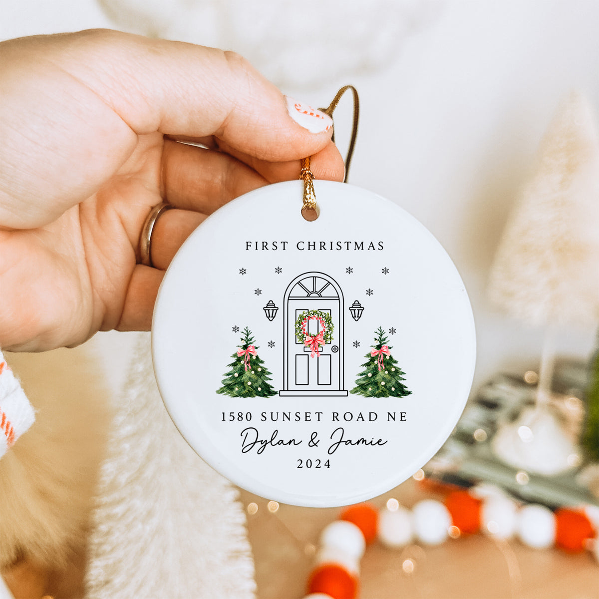 Personalisierbarer Weihnachtsbaumschmuck für unser erstes Weihnachten im neuen Zuhause