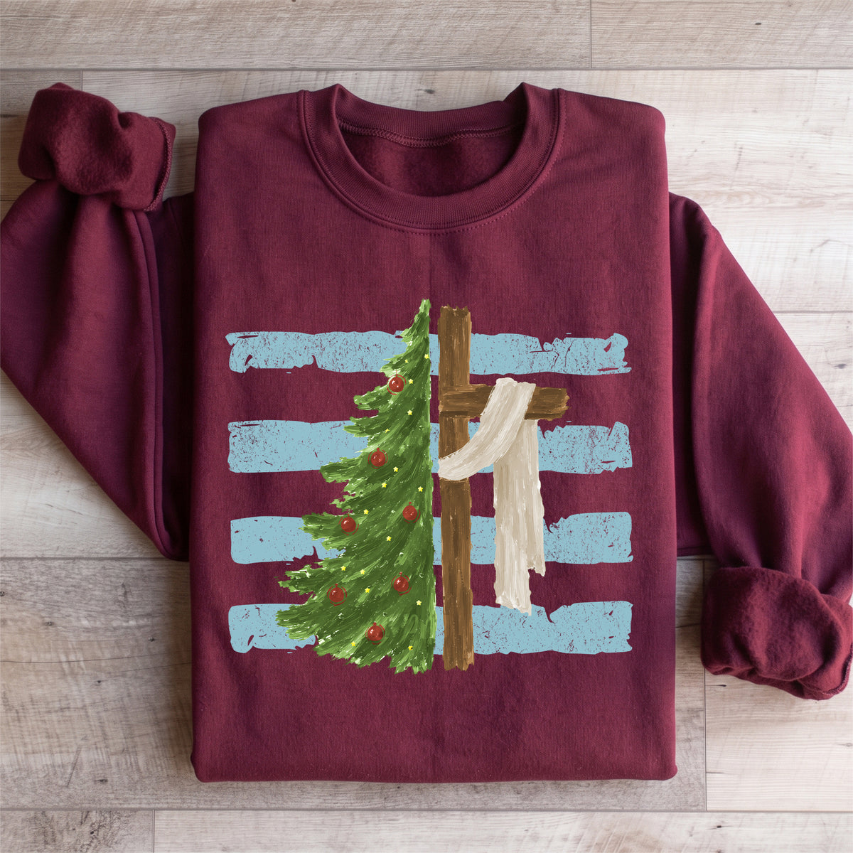 Festlicher Crewneck-Pullover für den christlichen Glauben – \"Weihnachtsbaum-Kreuz\"