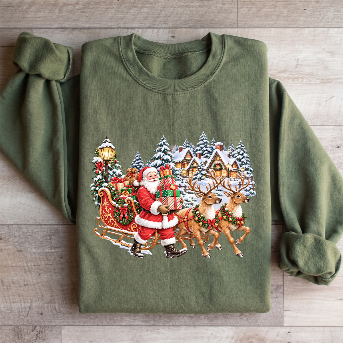 Vintage-Sweatshirt mit Weihnachtsmann und Rentieren