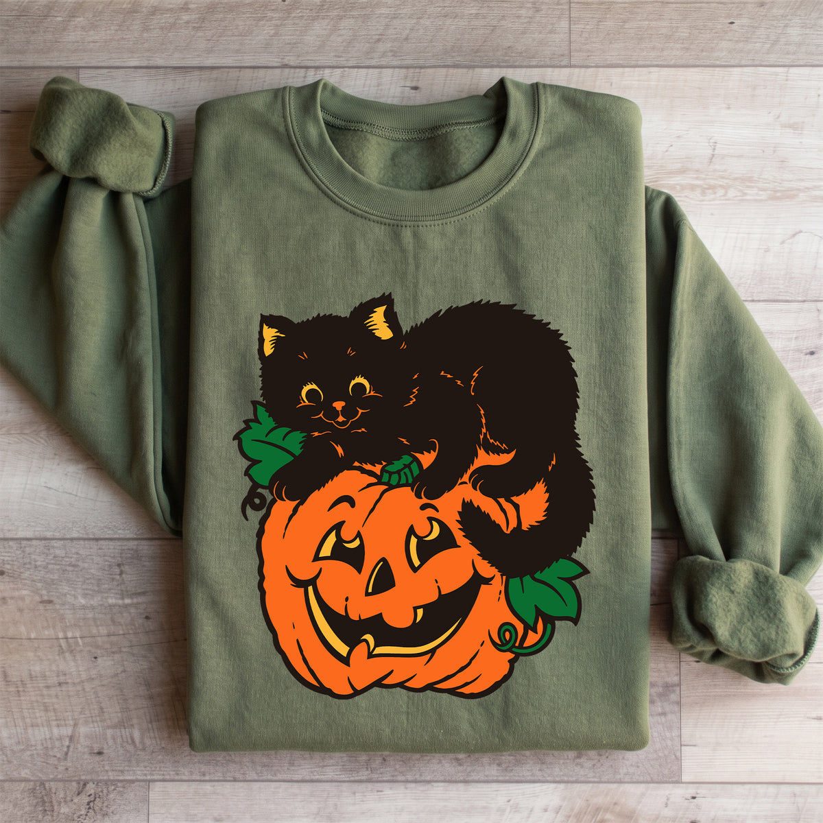 Vintage-Schwarzer-Kater-Kürbis-Sweatshirt