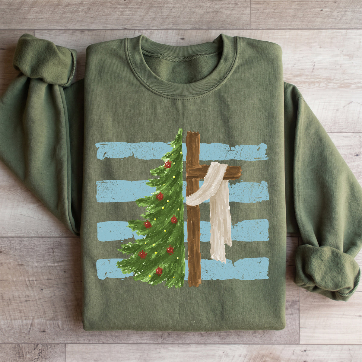 Festlicher Crewneck-Pullover für den christlichen Glauben – \"Weihnachtsbaum-Kreuz\"