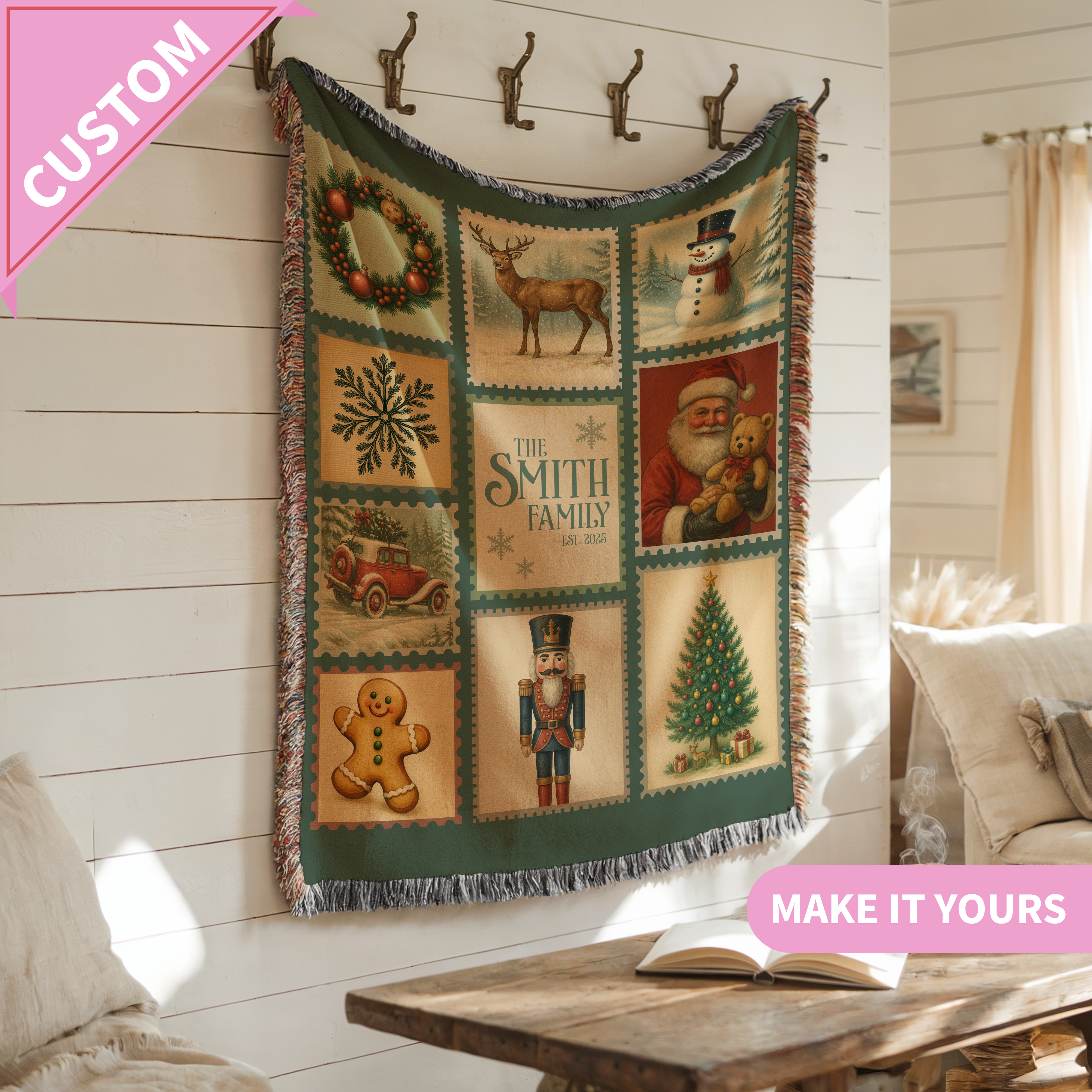 Custom Family Christmas Vintage Holiday Throw Gift Blanket