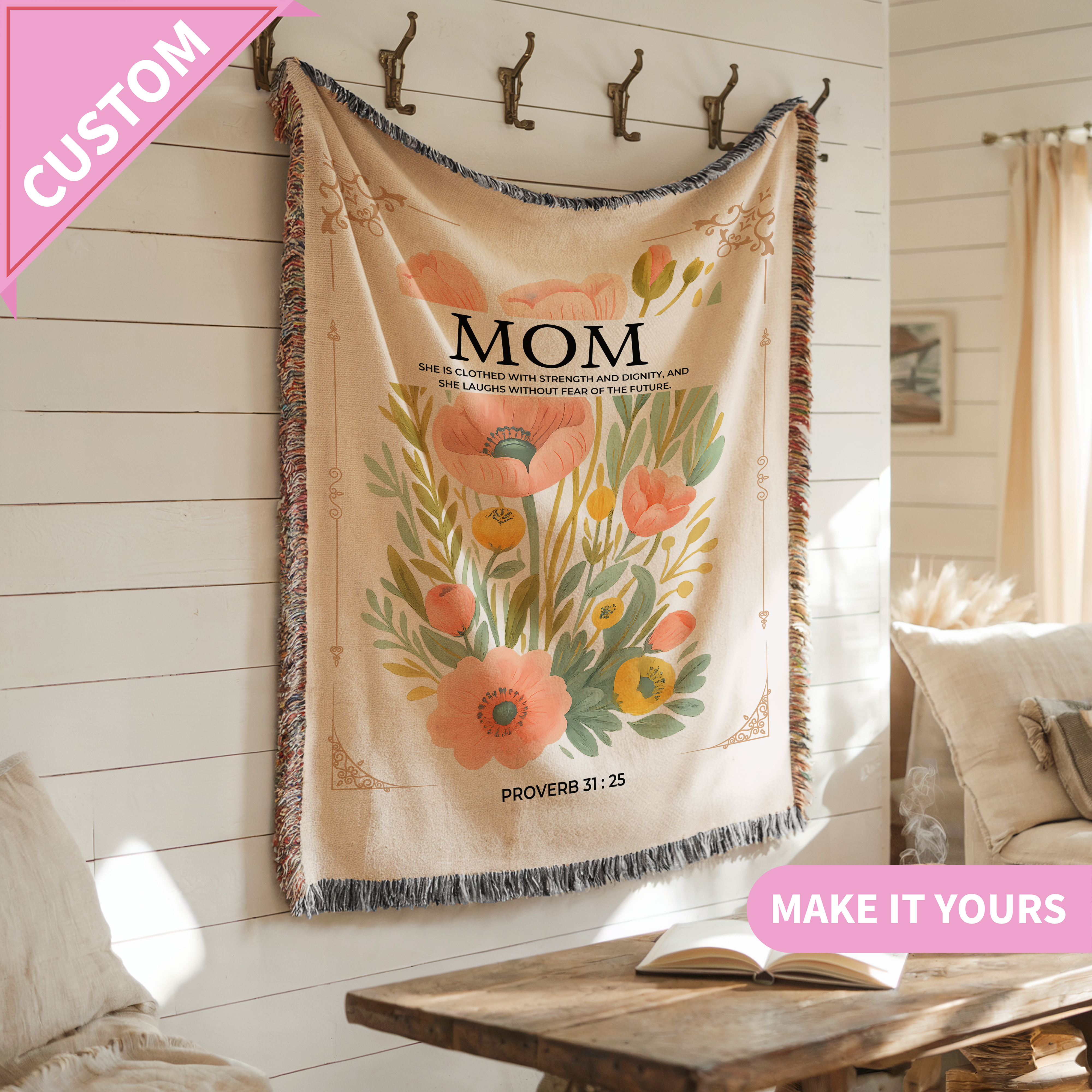 Custom Mom Floral Proverbs 31:25 Gift Throw Blanket