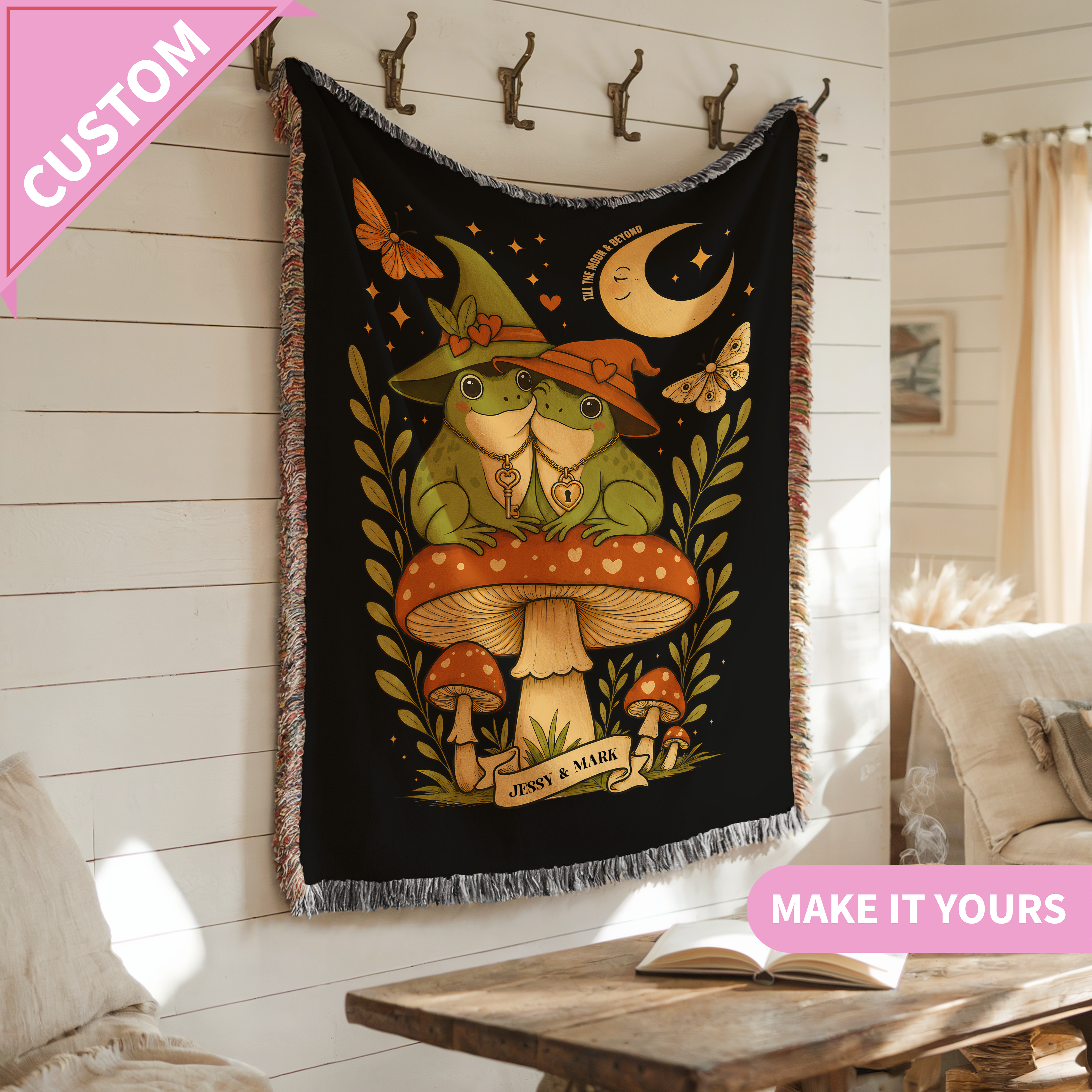 Personalisierte Cottagecore-Decke mit Froschpaar