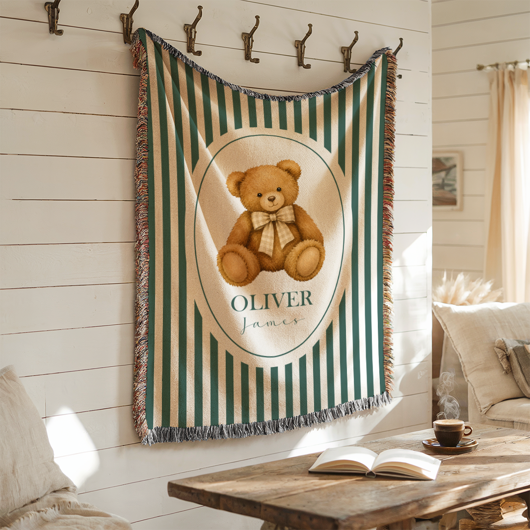 Personalized Teddy Bear Baby Name Woven Blanket