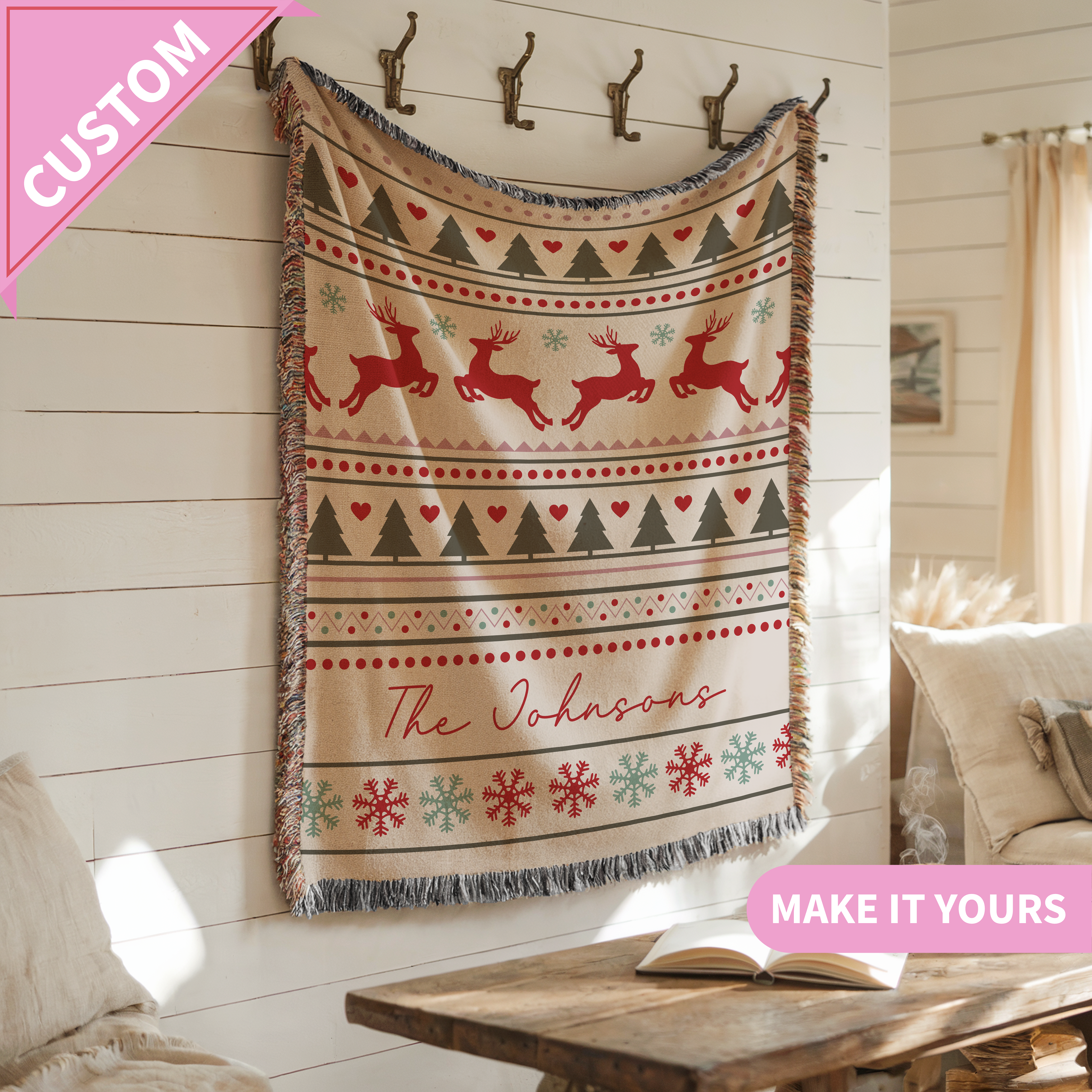 Custom Family Christmas Reindeer Throw Blanket