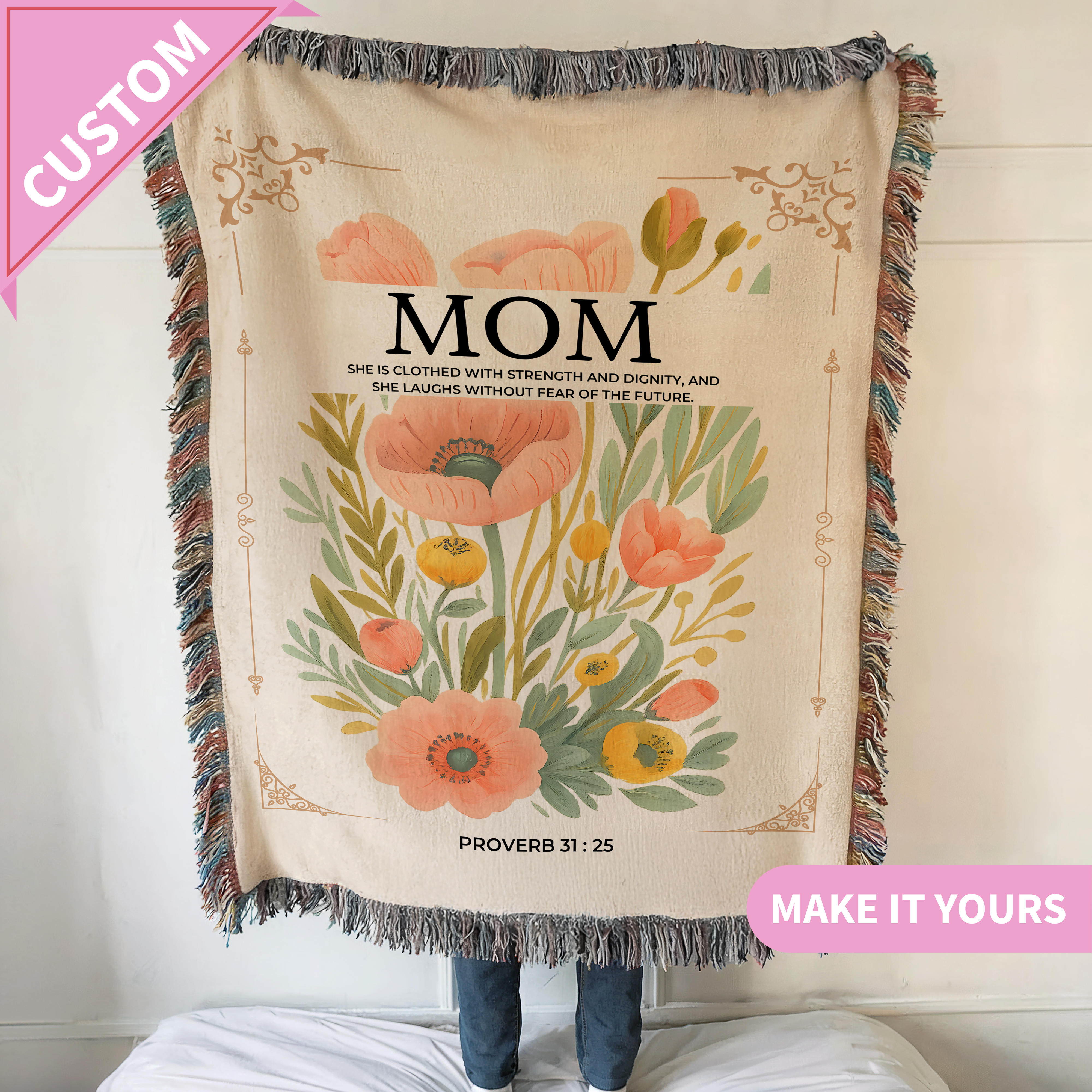 Custom Mom Floral Proverbs 31:25 Gift Throw Blanket