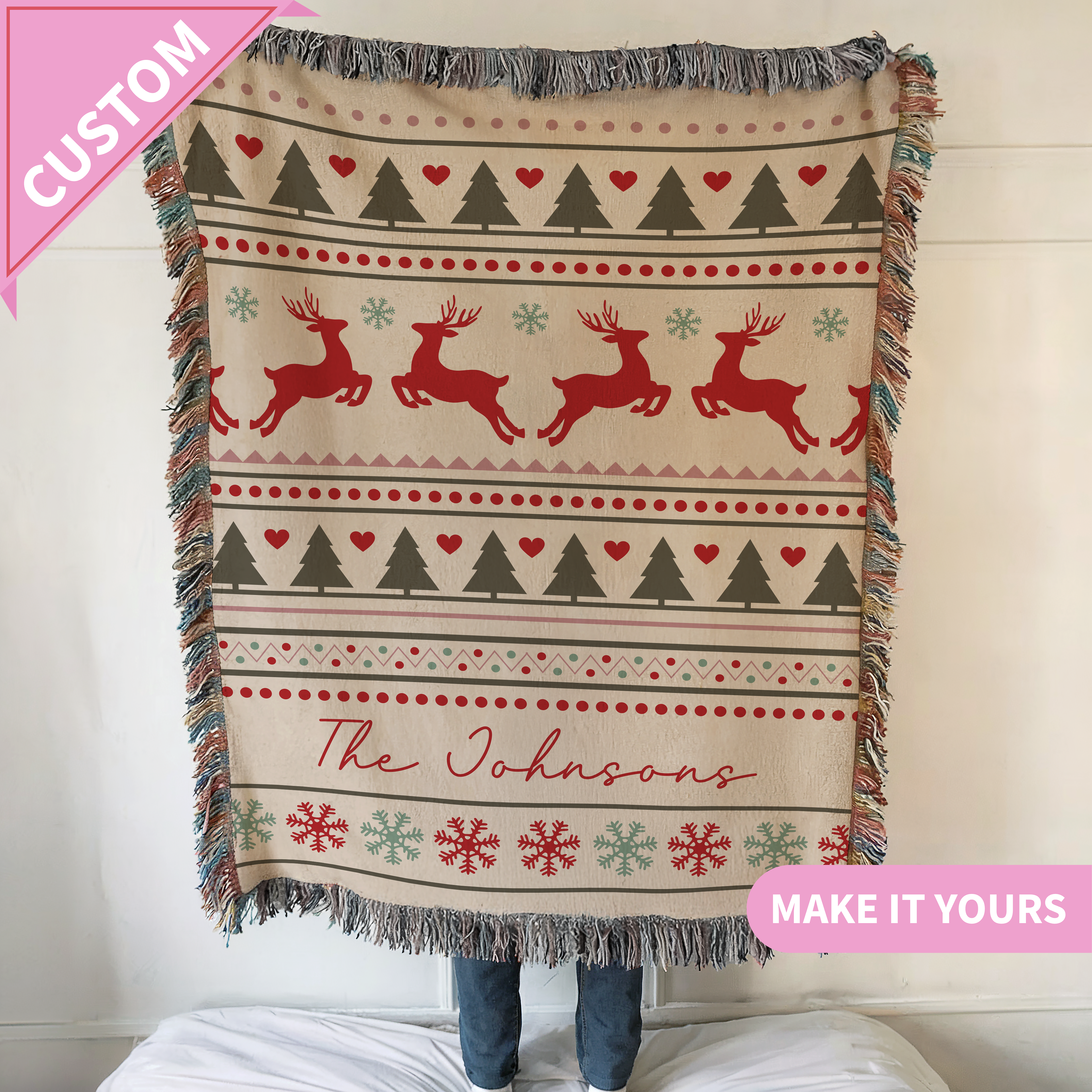 Custom Family Christmas Reindeer Throw Blanket