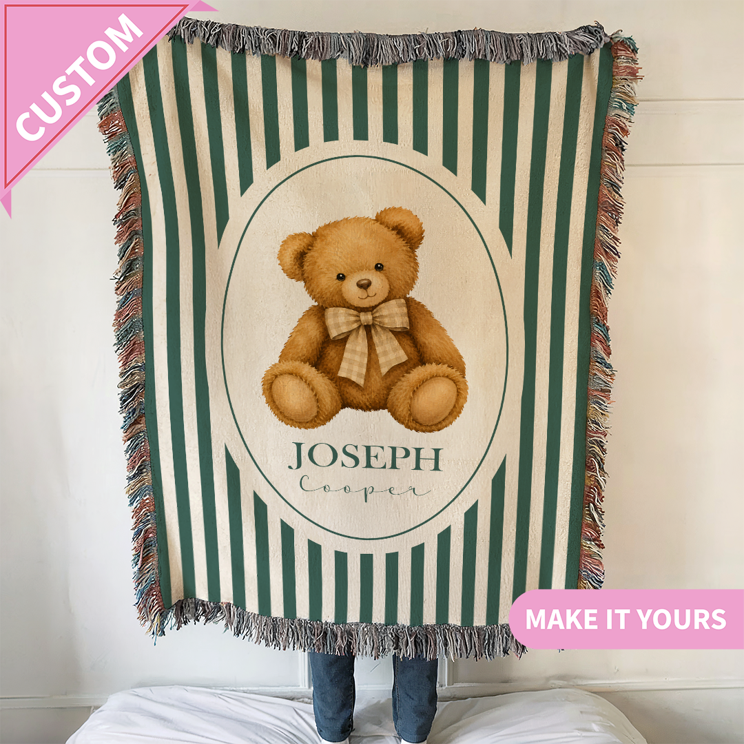 Personalized Teddy Bear Baby Name Woven Blanket