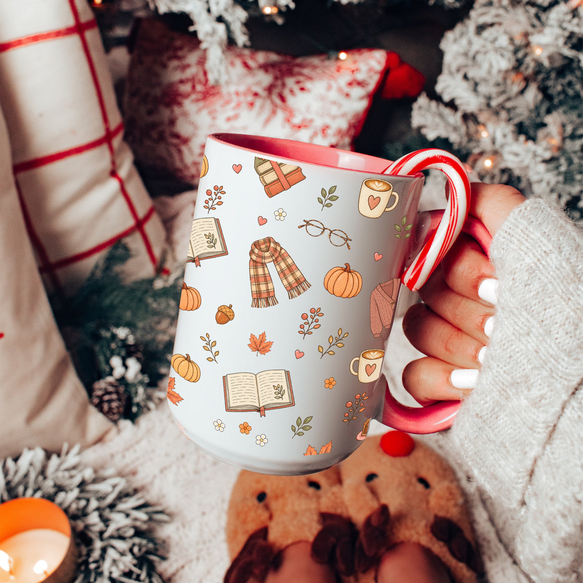 Cozy Autumn cottagecore fall mug in pink handle trim